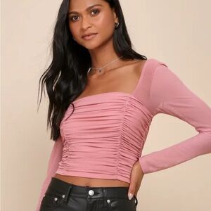 Lulus Pink Mesh Ruched Long Sleeve Top